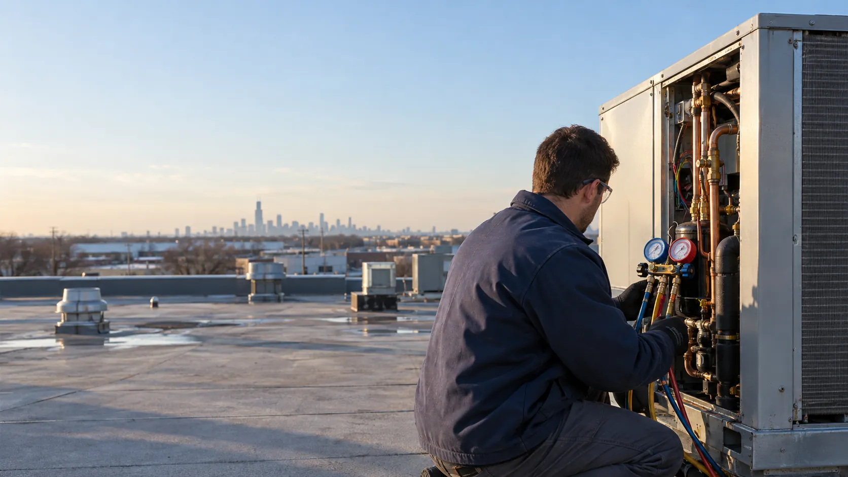 HVAC technician checking refrigerant gauges on a rooftop unit, with the Chicago skyline in the distance